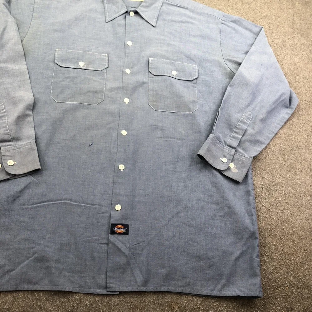 Vintage Dickies Shirt Mens XL Blue Long Sleeve Chambray Button Workwear Pockets